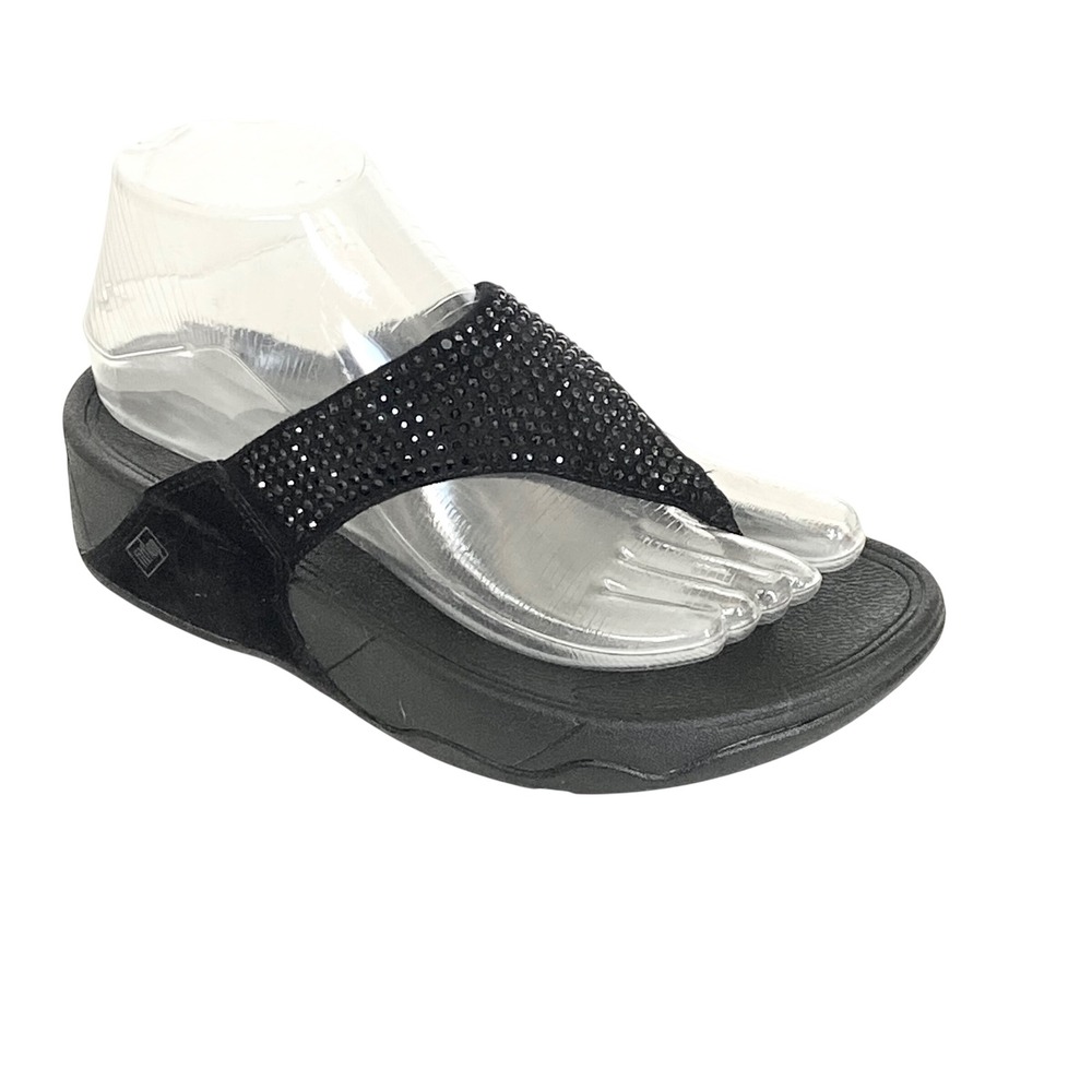 FitFlop Rokkit Black Suede Crystal Thong Wedge Sandals Women US 6 301-122